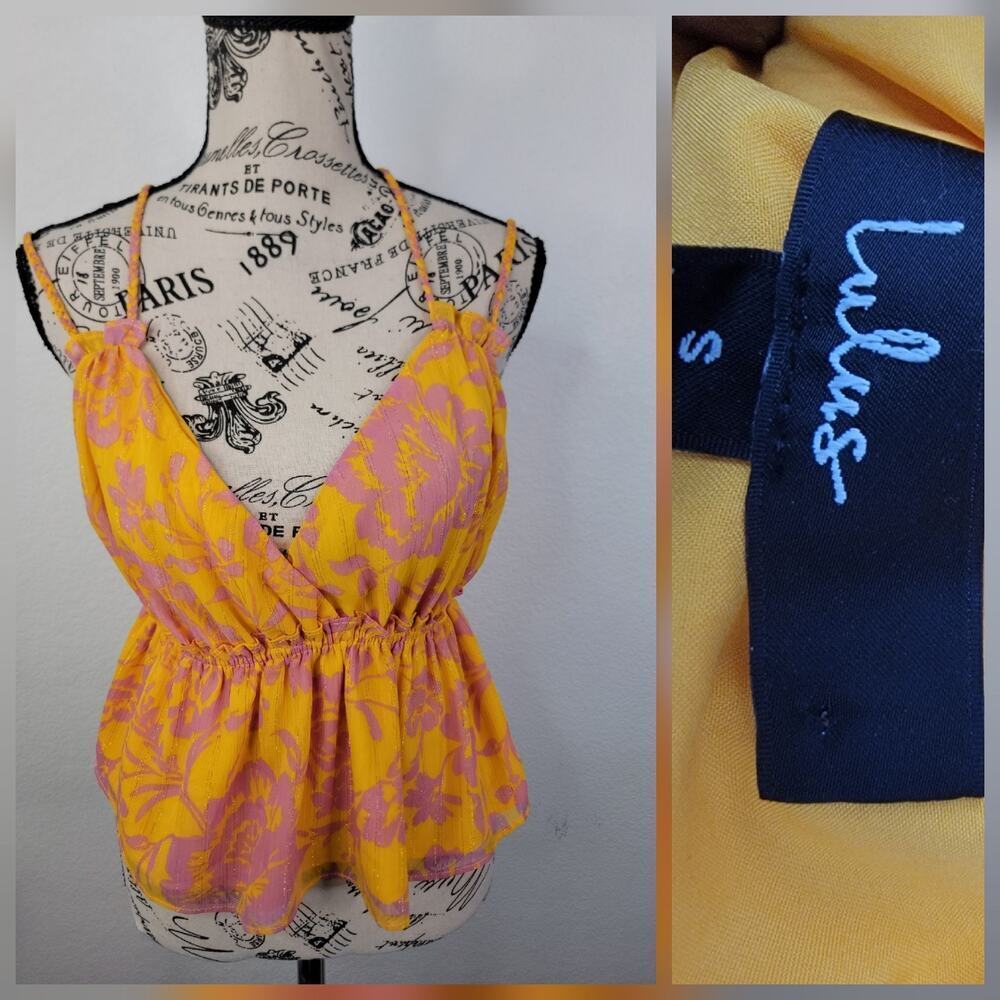Lulus Babydoll cropped top Small Baided Straps Deep V Neck Yellow Pink Floral